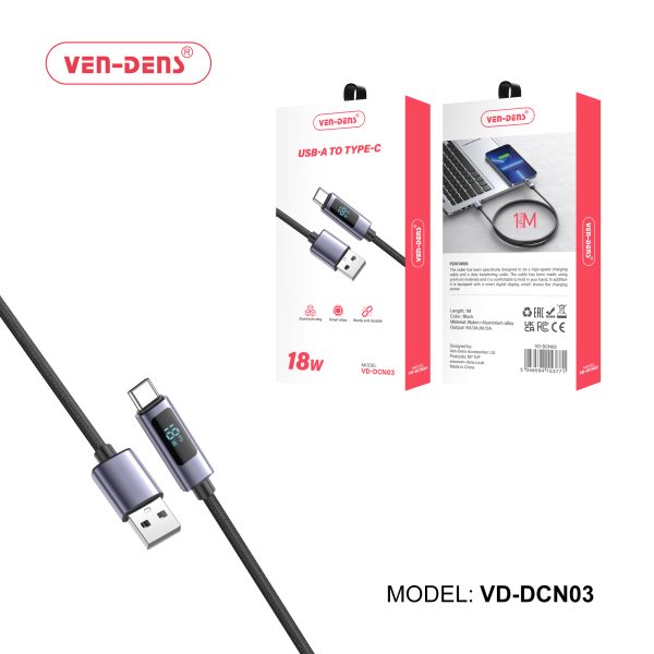 کابل فست شارژ (VEN-DENS) ۱۸ واتی USB نوع A به تایپ C به همراه نمایشگر LED