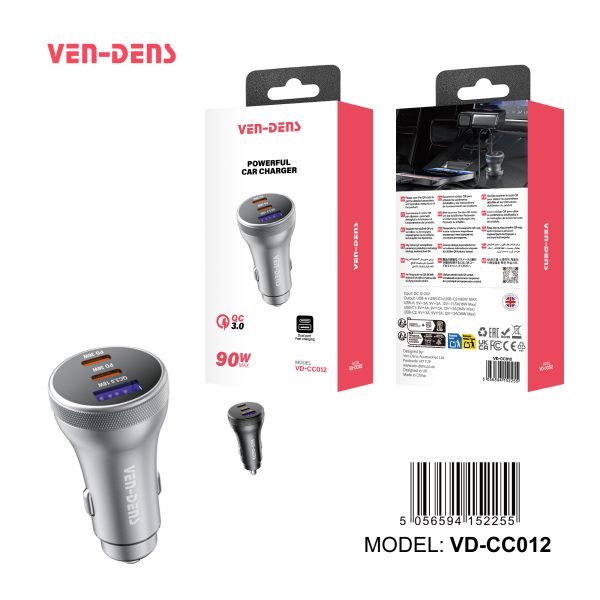 شارژر فندکی خودرو(VEN-DENS) 3پورت 90 واتی قدرتمند مدل VD-CC012
