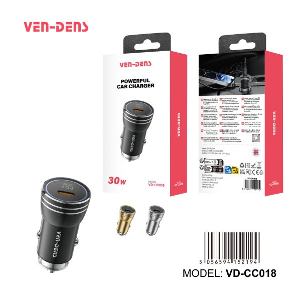 شارژر فندکی خودرو(VEN-DENS) 1پورت  30 واتی PD و QC3 قدرتمند مدل VD-CC018