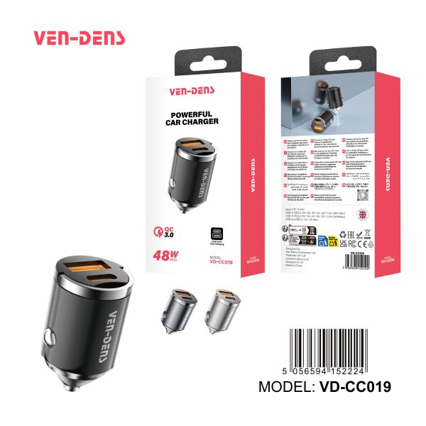 شارژر فندکی خودرو(VEN-DENS) 2پورت  48 واتی PD و QC3 قدرتمند مدل VD-CC019