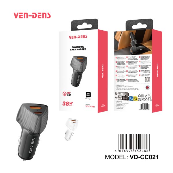 شارژر فندکی خودرو(VEN-DENS) 2پورت 38 واتی PD و QC3 قدرتمند مدل VD-CC021