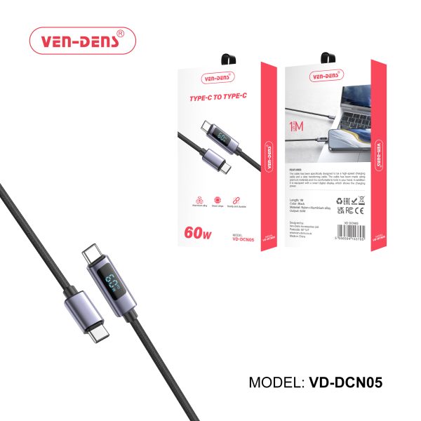 کابل شارژ فست دو سر تایپ سی 60وات (VEN-DENS)مدل 60W Cable USB C To TYPE C  /  VD-DCN05