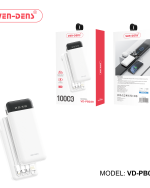 پاور بانک 10000 میلی‌آمپر (VEN-DENS)  فست شارژ  مدل VD-PB039 به همراه 3 عدد کابل متصل