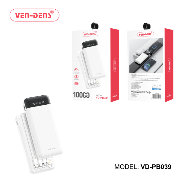 پاور بانک 10000 میلی‌آمپر (VEN-DENS)  فست شارژ  مدل VD-PB039 به همراه 3 عدد کابل متصل